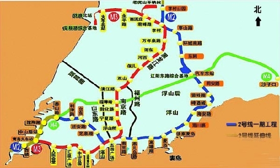 青岛地铁2号线一期工程走向示意图