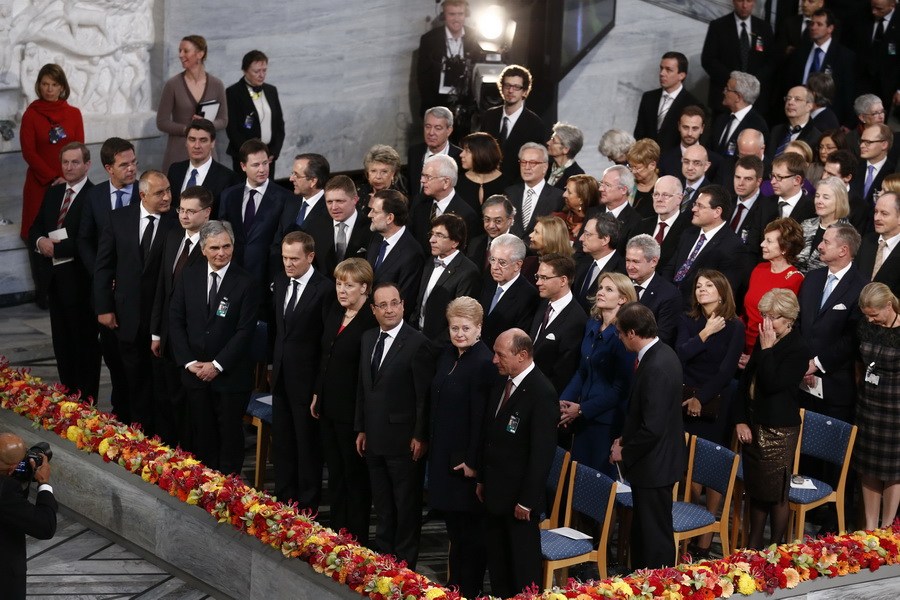 当地时间12月10日，2012年诺贝尔和平奖颁奖仪式在奥斯陆市政厅举行。