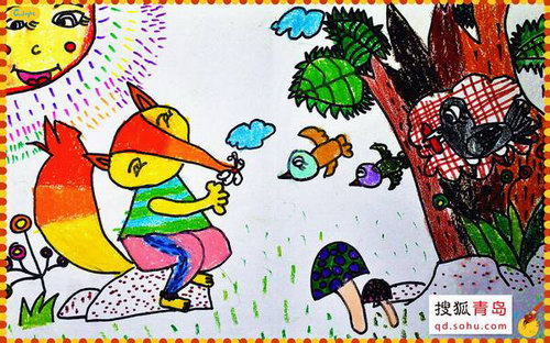 首届青岛自闭症儿童绘画展参展作品《狐狸与乌鸦》，作品由青岛儿童自闭症康复中心提供。