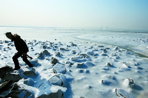 胶州湾浮冰成堆 似梦回唐朝瀚海阑干百丈冰