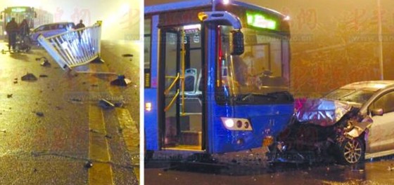 香港东路马自达撞碎护栏撞上公交 车头撞烂
