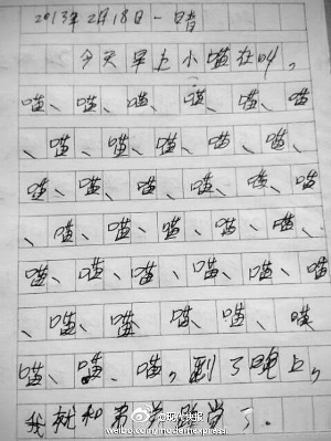 小学生作文乐翻网友百字作文有36个喵字(图)+