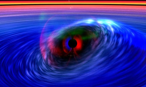 一名艺术家创作的，热铁气体在黑洞时空波上的情景。