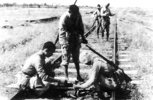反“扫荡”斗争中，民兵把地雷埋在铁路上。