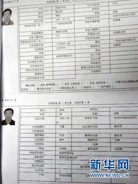 这是广东省汕尾市烟草局长陈文铸两个户口的详细资料（1月21日摄）。新华社记者 刘大江 摄
