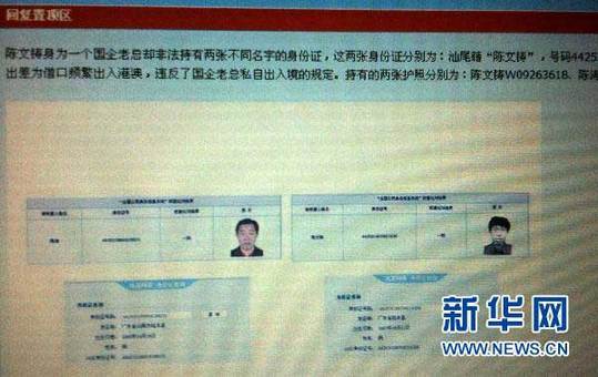 2011年1月13日 “最牛烟草局长”的家族联络图网络帖子上有陈文铸的两张不同姓名的身份证明（2010年12月30日摄）。新华社记者 卢汉欣 摄