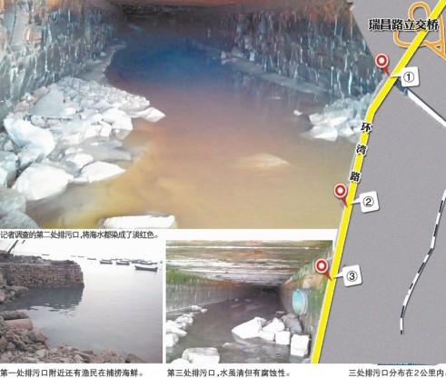 青岛环湾路旁现三大排污口 臭气熏天海水变红