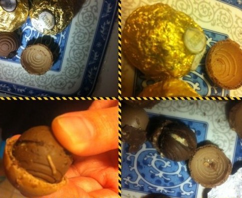 吴女士微博上发的带有蛆虫的巧克力。