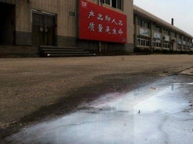 光明乳业厂门口被倾倒的牛奶。
