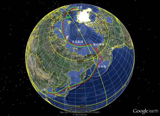 第5次北极考察航线示意图