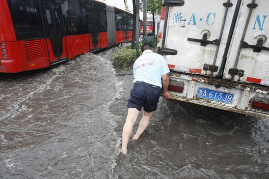 杭州暴雨 市民上街捕鱼
