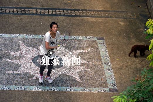 章子怡素颜与型男打球表情怪异