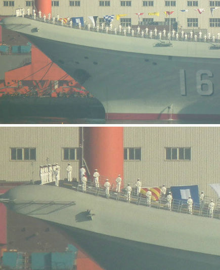 资料图：大批身着海军制服的人在甲板上进行站坡仪式。