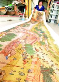 青岛农妇3年绣出6米清明上河图 70种彩线绣满整块布