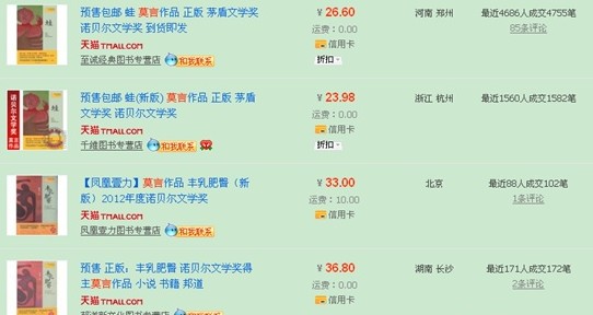 莫言作品青岛全断货 获奖前版本收藏价值大