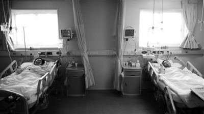 昨日，解放军309医院，肝移植手术后的苏丹和丈夫田新丙躺在重症监护病房，他们举起拳头为自己加油，医生说两人的肝移植手术非常顺利。