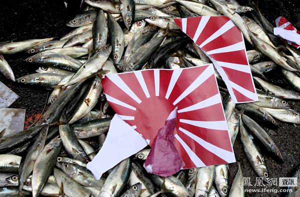 台保钓人士在日驻台机构前抗议 焚太阳旗丢死鱼