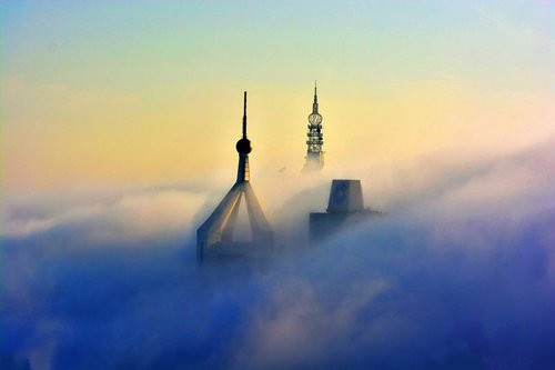 青岛现平流雾 让城市变仙境